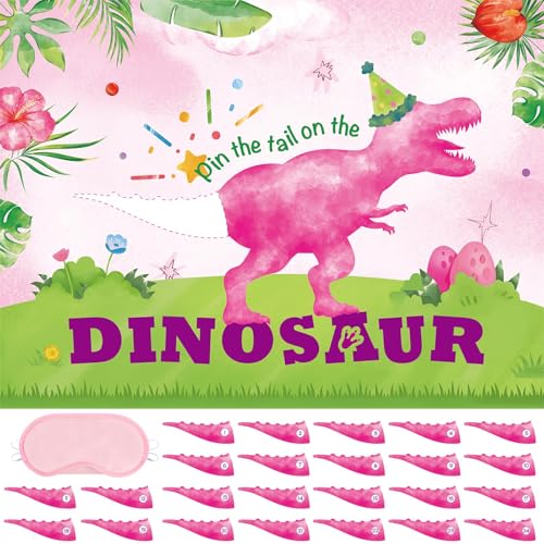 Image of WERNNSAI Pin The Tail on The Dinosaur - Girl Dinosaur Party Decorations Pink Dino Party Games for Birthday Celebration Supplies 21 inch x 28 inch Poster with 24 PCS Tails Stickers