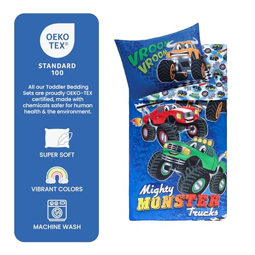 Image of Todays Kids Monster Trucks Toddler Bedding Set for Boys - 4-Piece Toddler Bed Comforter Sets for Boys, Reversible Comforter & Pillowcase, Flat Sheet, Fitted Sheet, Breathable & Super Soft Microfiber