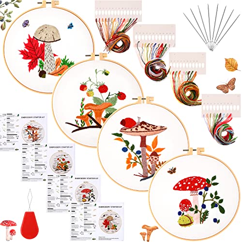 4 Sets Embroidery Starter Kit With Patterns And Instructions Mushroom Cross Stitch Set For Beginners Diy Adult Kids Craft Cross Stitch Set With Mushroom Pattern Embroidery Hoops Needles Threads #TOP17