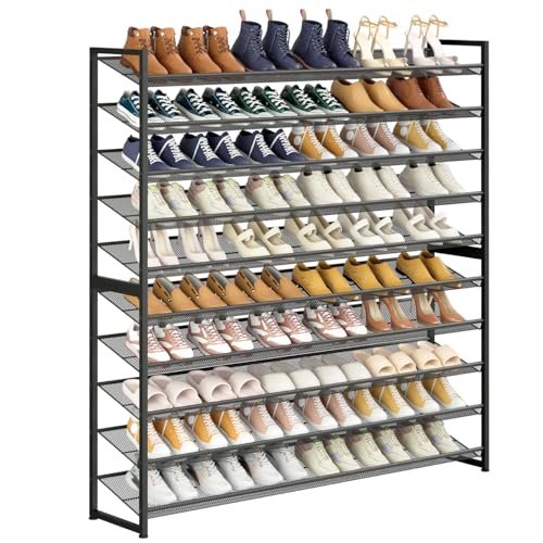 Image of Large Shoe Rack 10 Tier Shoe Organizer, Heavy Duty Metal 5-Tier Stackable Shoe Storage Vertical Shoe Rack for Closet Front Door Entrance, Up to 62 Pairs, 44.8 inch W x 11.4 inch D x 71.2 inch H, Black