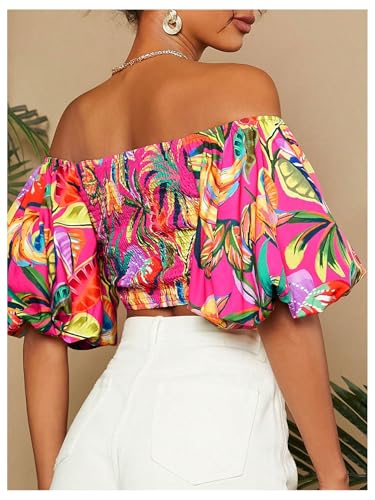 SweatyRocks Women's Off Shoulder Vacation Tops Boho Tropical Print Bishop Short Sleeve Crop Blouses2