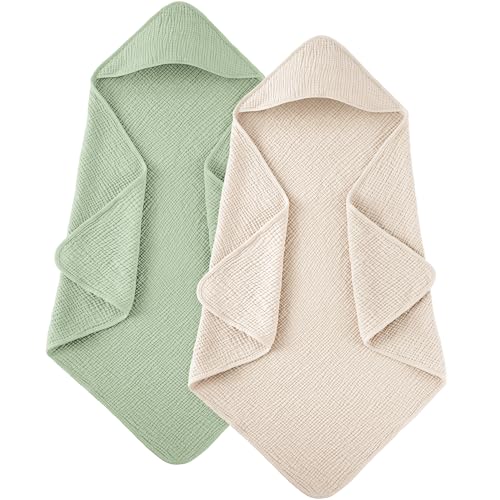 Image of Susurration Hooded Baby Towels for Newborn 2 Pack 100% Muslin Cotton Towel for Babies，Highly Absorbent and Newborn Essential 30x30 Inch (White&Green)