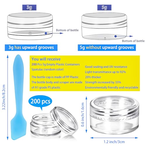 MotBach 200 Pack 5g Plastic Jars with Lids, 5ml Round Clear Cosmetic Containers Makeup Jars, 5gram Travel Size Container Jar with Spatulas for Makeup Sample Lotion Cream Ointment Salve Balm Powder2