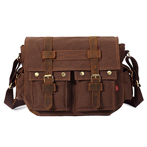 Chikencall ordinateur portable 35,6 cm pour homme Messenger Sac bandoulière pour ordinateur portable Sacs militaire Cartable en cuir vintage Toile Sac de voyage pour sac de travail pour homme café Cover