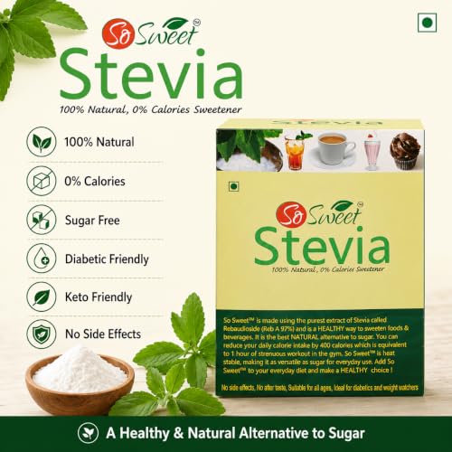 Image of So Sweet Stevia Sugar-Free Natural Zero-Calorie Sweetener, 50 Sachets (Pack of 5), Ideal for Sweetening Drinks, Baking, and Cooking, Diabetic & Keto-Friendly