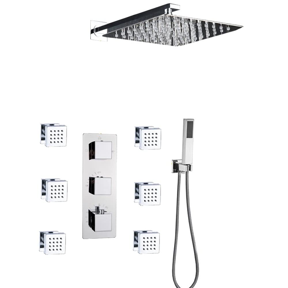 SnamicE Bathroom Thermostatic Faucet Chrome Rain Shower Bath Faucet Bathtub Shower Mixer Tap Bathroom Shower Faucets Shower Set,16 inch Shower Set,