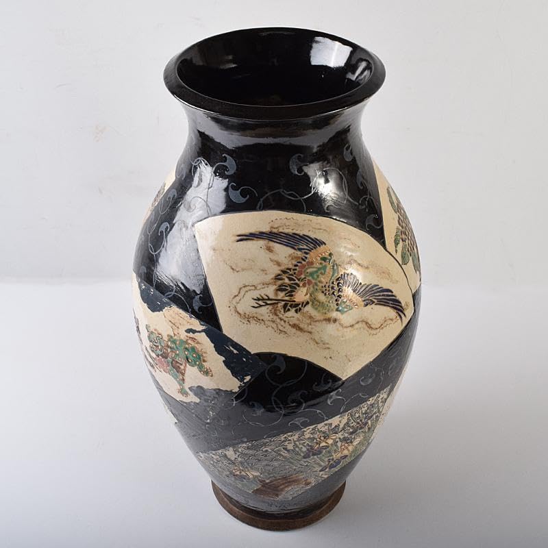 薩摩焼　古薩摩　色絵金彩　扇窓絵鳳凰獅子花文瓶　壷　高さ約45㎝　UR7915B 薩摩焼 古薩摩 色絵金彩 扇窓絵鳳凰獅子花文瓶 壷 高さ約45㎝ UR7915B