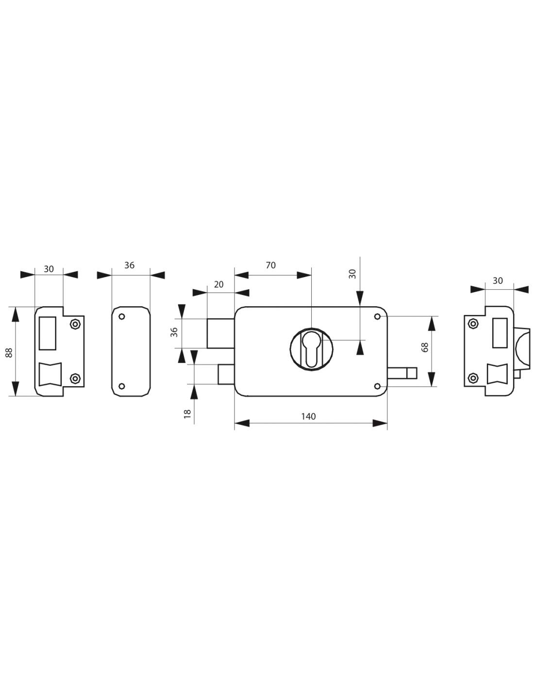 THIRARD - Boitier de Serrure Horizontale en Applique Double Entrée à Tirage pour Entrée - Gauche - Axe 60 mm - 140 x 88 mm - Noir - Coffre et Gâche Acier - Mécanisme à 2 Tours