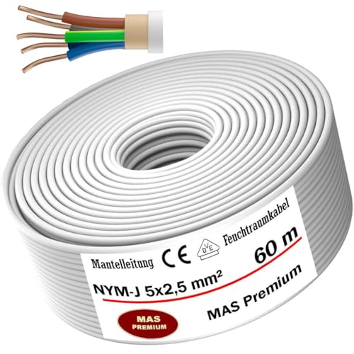 Cable de alimentación para habitación húmeda, de 5 a 100 m, línea de revestimiento NYM-J 5 x 2,5 mm², anillo de cable eléctrico para colocación fija (60 m)