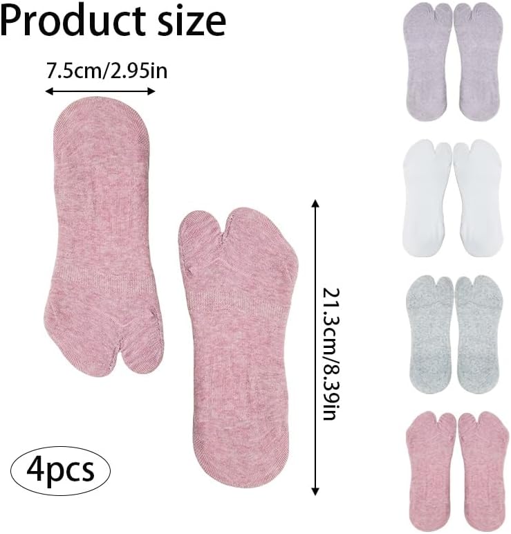 4 Pairs Flip Flop Socks, 4 Colors Cotton Tabi Socks, Low Cut Split Toe Socks No Show, Non Slip Japanese Toe Separated Sock for Flip Flop Geta Sneaker Loafer Boat Shoes Flats Unisex