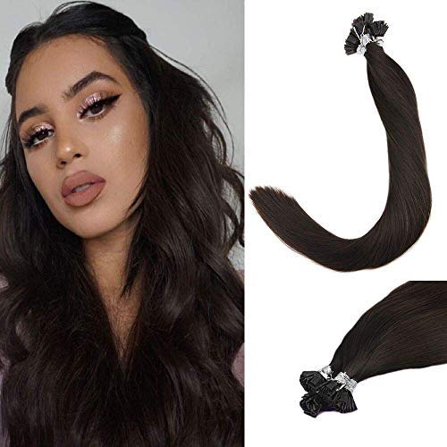 LaaVoo 18" Glue Sticks Hot Fusion Flat Tips Real Human Hair Extensions in Darkest Brown Keratin Pre Bonded 100% Human Hair 1g/strand 50g (#2)