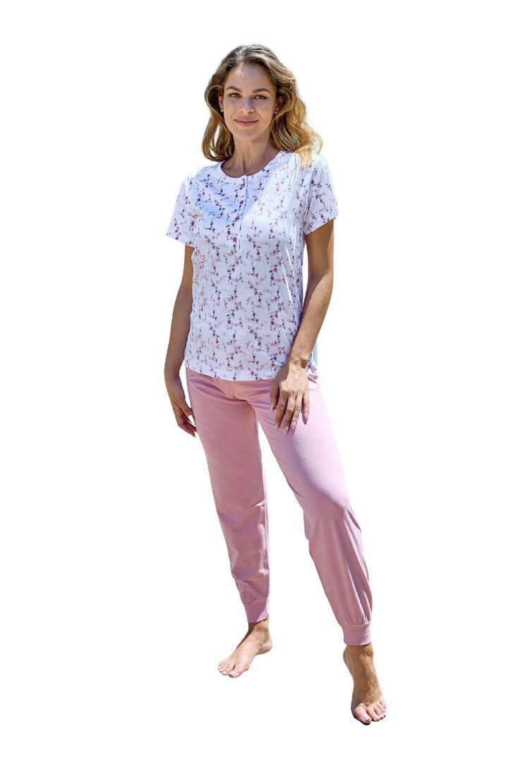 Pigiama da donna con stampa casual, a maniche corte, con bottoni, pigiama, set da donna, Colore: rosa., XXL