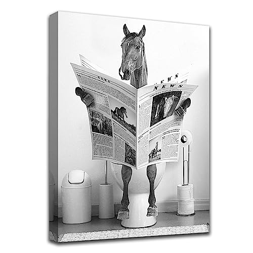 Fun Horse badkamer canvas muurkunst - zwart-wit boerderij wanddecoratie - paard op toilet lezen krant - 50 x 71 cm
