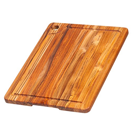 Teak Cutting Board - Rectangle Edge Grain Board With Corner Hole And Juice Canal 16 x 12 x 5 in - By Teakhaus