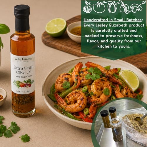 Image of Lesley Elizabeth Extra Virgin Olive Oil with Thai Curry, 8.5 fl oz - Flavorful Curry-Infused EVOO for Stir-Fries, Noodle Bowls, Seafood, Roasting, Marinades & Everyday Cooking - All-Natural, Plant-Based Ingredients