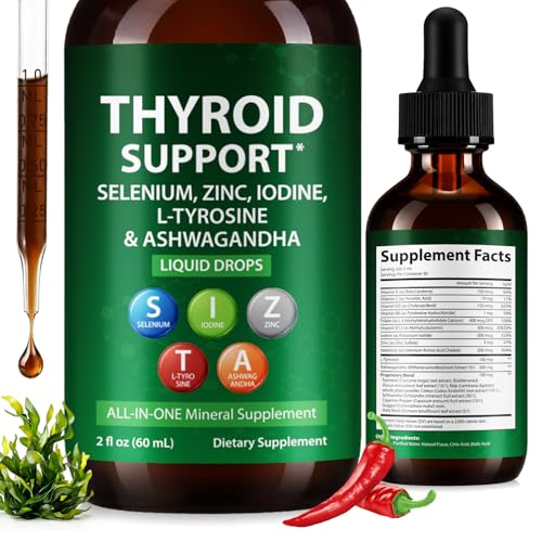 Thyroid Support Liquid Drops High Absorption Thyroid Supplement with Iodine Selenium Zinc Ashwagandha & L-Tyrosine for Cortisol & Stress Relief Non-GMO Vegan 2 Fl Oz
