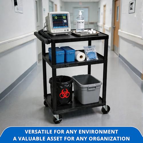 Image of FSE 373-LP34E-B 34 inch AV Cart, 3-Shelf Electric Utility Cart with 300 lb Capacity, 24 inch x 18 inch Molded Plastic Shelves, Built-in 3-Outlet Power Strip with 15' Cord, 4 inch Locking Casters, Black