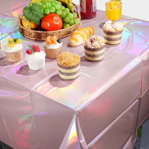 Image of 3 Pack Iridescent Light Pink Tablecloth for Parties, Pastel Pink Holographic Plastic Table Cover, Disposable Laser Baby Pink Table Cloth for Birthday Wedding Baby Shower Party Decorations, 54x108 Inch