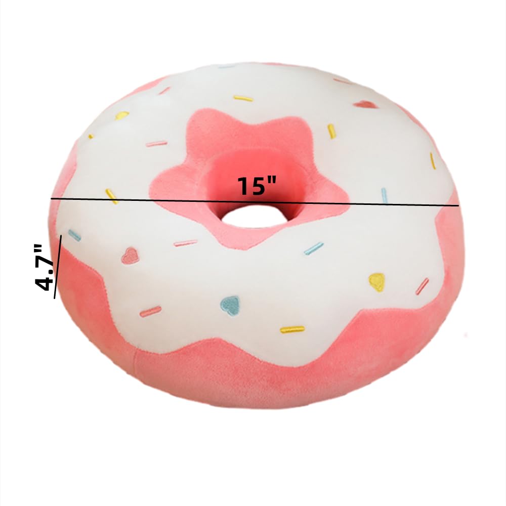 YUDONG Round Donut Pillow 15 Inches Soft Plush Funny Food Stuffed Decor Seat Pad Cushion for Couch Chair Floor Sofa (White Pink)