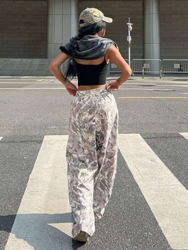 ZAFUL Women's Camo Cargo Pants Y2K Elastic High Waisted Wide Leg Casual Straight Pants Joggers Sweatpants with Patch Detail2