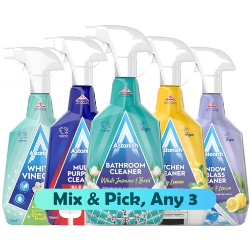 Astonish Mix & Match Any 3 Household Cleaning Products – Kitchen Cleaner, Bathroom Spray, Glass & Window Cleaner, White Vinegar, Multi-Purpose Cleaner with Bleach – 750ml Each