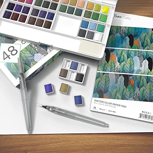 Gencrafts Watercolor Paint Palette With Bonus Paper Pad Includes 48 Premium Colors - 2 Refillable Water Blending Brush Pens - No Mess Storage Case - 15 Sheets Of Water Color Paper - Portable Painting #TOP5