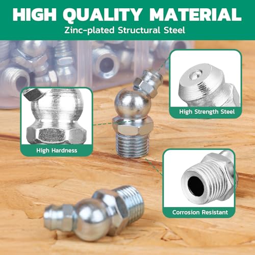 Image of OURU 100PCS Grease Fittings Kit, SAE Zerk Grease Fittings Straight 45 90 Degree with Grease Fitting Caps for Grease Gun