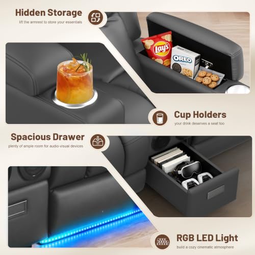 Image of Power Loveseat Recliner Sofa with Console, Wall Hugger Reclining Loveseat with Reading Light, Home Theater Seating with LED Lights, Zero Gravity Recliner Couch for RV Couch and Living Room
