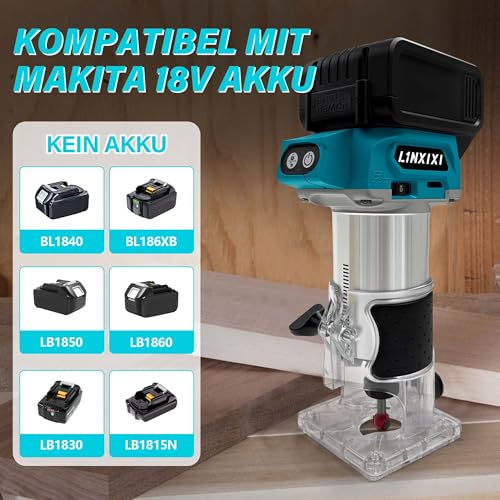L1NXIXI 800W Bürstenloser Oberfräse mit 5 Geschwindigkeiten, 10,000-30,000 U/min, 18V Einhandfräse Kantenfräser mit 15 Stück 1/4\ Fräser, Kompaticel mit MAKITA 18V Akku