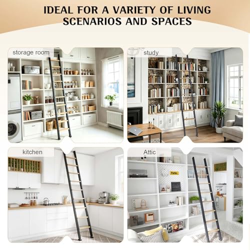 Image of Fredbeck 8ft,96inch Library Ladder Carbon Steel Frame Wooden Step,for Loft