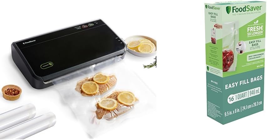 FoodSaver Vacuum Sealer Machine with Automatic Bag Detection, Sealer Bags and Roll & Easy Fill 1-Quart Vacuum Sealer Bags | Commercial Grade and Reusable | 16 Count, Clear
