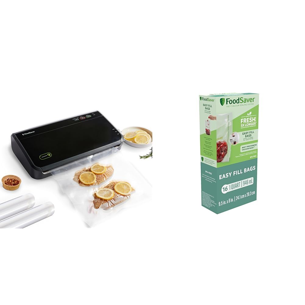 FoodSaver Vacuum Sealer Machine with Automatic Bag Detection, Sealer Bags and Roll & Easy Fill 1-Quart Vacuum Sealer Bags | Commercial Grade and Reusable | 16 Count, Clear