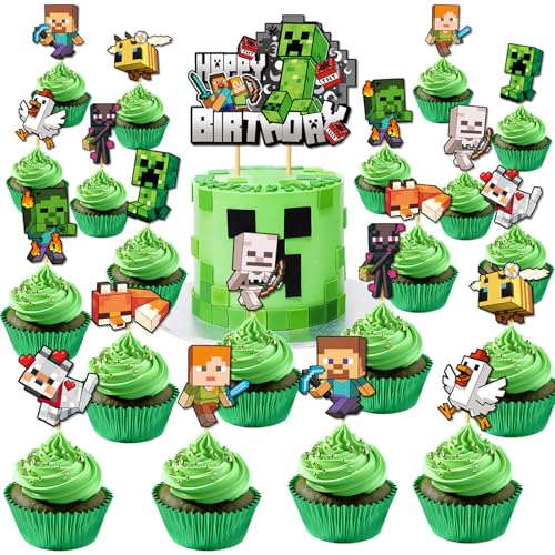 21 Pcs Pixel Styled Gamer Cake Decorations, Cute Happy...
