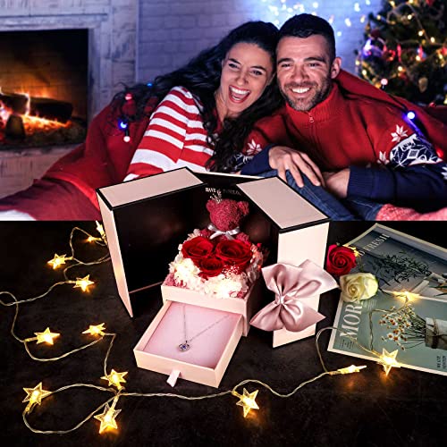 ADDWel San Valentin Regalos Mujer, Rosa Eterna con Collar de Plata 925 y Oso de Rosas, Regalo de Cumpleaños para Madre Novia Esposa Mama, Caja de Joyería Hipoalergénico
