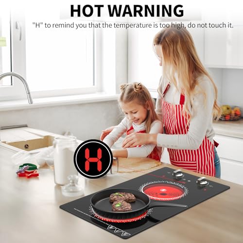 Image of 2 Burner Electric Cooktop - 12 Inch Electric Stove Top with Plug, 2100W Countertop Burners & Built-In Stove Top, 9 Levels of Power, Knob Control, Timer & Kid Safety Lock, Residual Heat Warning