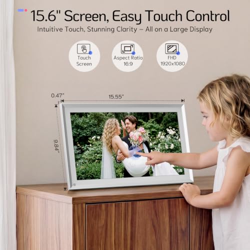 Image of NexFoto 15.6 inch Touchscreen Digital Picture Frame, 64GB Digital Photo Frame FHD WiFi, Add Pics from Google Photos, Upload Videos via App /USB, Gifts for Wedding /Mom /Grandpartents, Silver