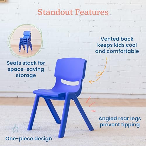 Image of ECR4Kids 12in Plastic School Stack Chair, Classroom Furniture, Blue, 4-Pack | Durable plastic, GREENGUARD Gold Certified, 4-6 years, 74 lb capacity, fully assembled, indoor and outdoor, classroom /home