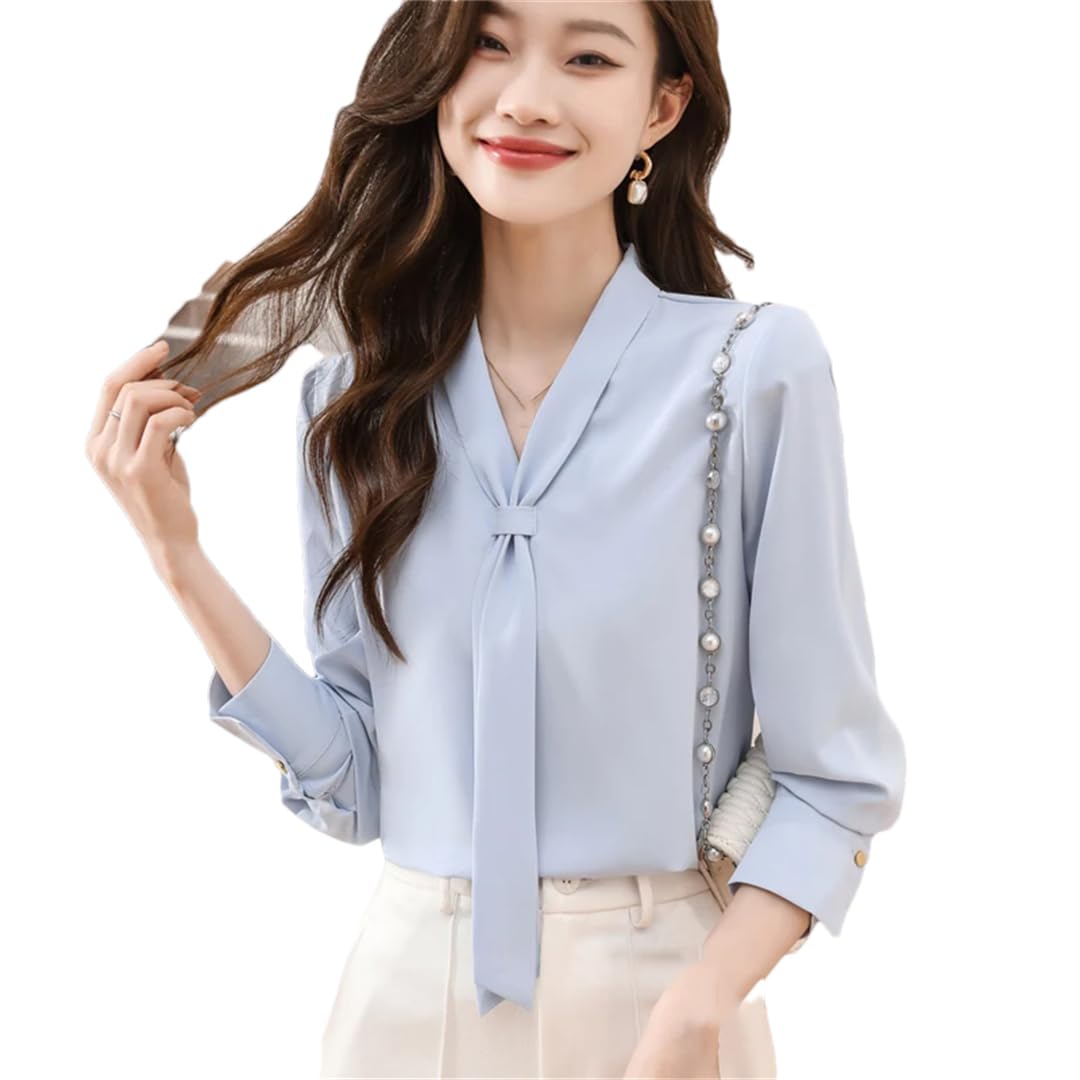 Camicia da donna in chiffon, con scollo a V, a maniche lunghe, autunnale, con fiocco