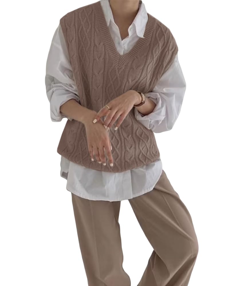 Tongmingyun Pull sans manches pour femme - Col en V - Gilet en tricot surdimensionné - Pull en tricot décontracté - Pour femme - Automne - Mode tricot fin
