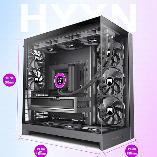 Image of H2 (2026) HYXN ATX PC Case, Pre-Installed 8 No ARGB Fans (6X140mm,2X120mm), Large Dual-Chamber ATX Mid-Tower Airflow Computer Case, Gaming PC Case, 420mm Radiator Support, Type-C 3.2 (Black)