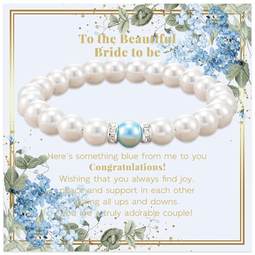 Something Blue Gift for Bride, Bridal Shower Gifts for Bride to be White Pearl Bracelet, Meaningful Gift Card Party Wedding Accessories