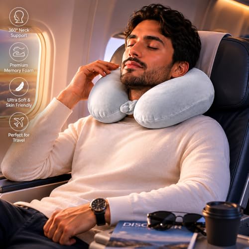 Image of Memory Foam Travel Neck Pillow with Breathable Washable Cover | U-Shaped Orthopedic Airplane Neck Support Cushion for Flight, Car, Train & Office | Soft Slow Rebound Foam | Grey