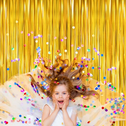 Image of Gold Metallic Tinsel Foil Fringe Curtains Backdrop 2Pack 3.3x8.3Ft Gold Party Streamers for Birthday Party Decorations Halloween Christmas Decors Foil Curtain Backdrop for Bachelorette Wedding