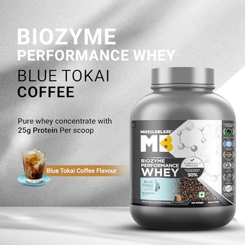 Image of MuscleBlaze Biozyme Performance Whey Protein Powder, Blue Tokai Coffee (2kg / 4.4lbs) | 25g Protein Per Scoop | Clinically Tested 50% Higher Protein Absorption