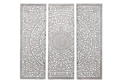 Cabecero de Cama de 180-200 cm triptico Mandala Madera Tallado y Calado Blanco decape 180x3.5x180 cm