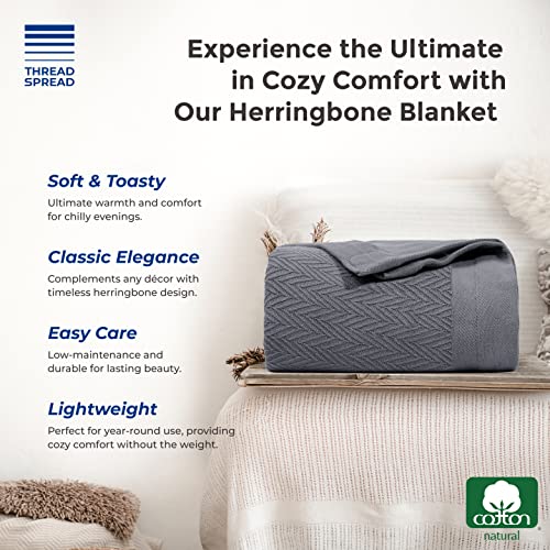 Thread Spread Organic Gots Certified Cotton Blanket, Twin/Twin Xl - 350 Gsm, Antistatic, Fuzzy Soft, Lightweight, Sofa, Camping & Travel, All-Season Herringbone Throw, Dark Gray With Free Tote Bag #TOP3