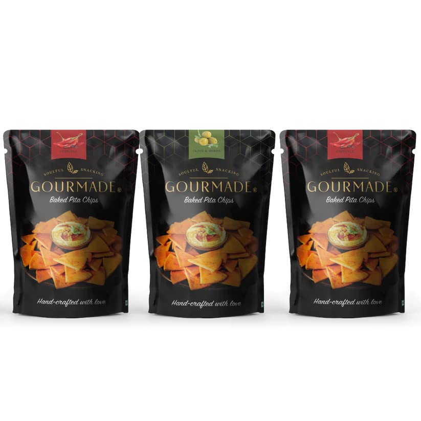 Gourmade Pita Chips | Baked for healthy Snacking, 375g | 2 x Chipotle & 1 x Olive & Herbs (125gms ecah-Pack of 3) | Baked Chips | Bar Party Snacks | Dip Chips | Starter Chips | Nachos & Tortillas (B0B8J5HKK7) Amazon Price History, Amazon Price Tracker