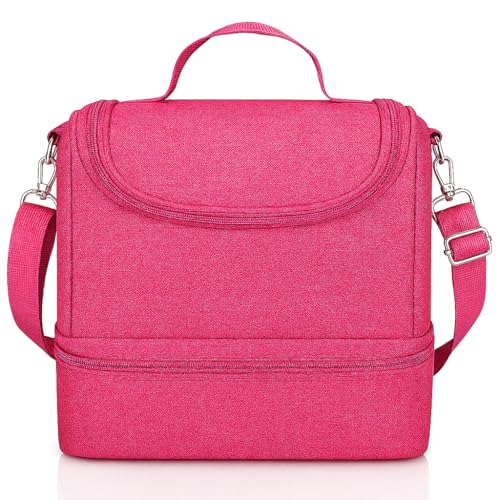Bolsa Térmica com Alça Ajustável, Compartimento Duplo, Isolamento Térmico, para Marmita, Trabalho, Escola e Viagens, (Rosa)