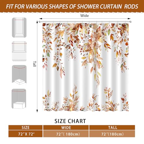 Image of Fall Eucalyptus Leaves Shower Curtain, Autumn Aesthetic Art Watercolor Plant Leaf with Floral Bathroom Decor, Waterproof Fabric Cloth Bath Curtain Set with Hooks (Brown-Orange, 72 inch W x 72 inch L)