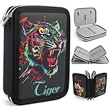 ROTKUSZ Estuche Escolar 3 Compartimentos, Estuche de Lápices de Gran Capacidad con Motivo de Tigre, Estuche de Lápices Multifuncional en Oxford, para Niños, Niñas, Adolescentes y Adultos
